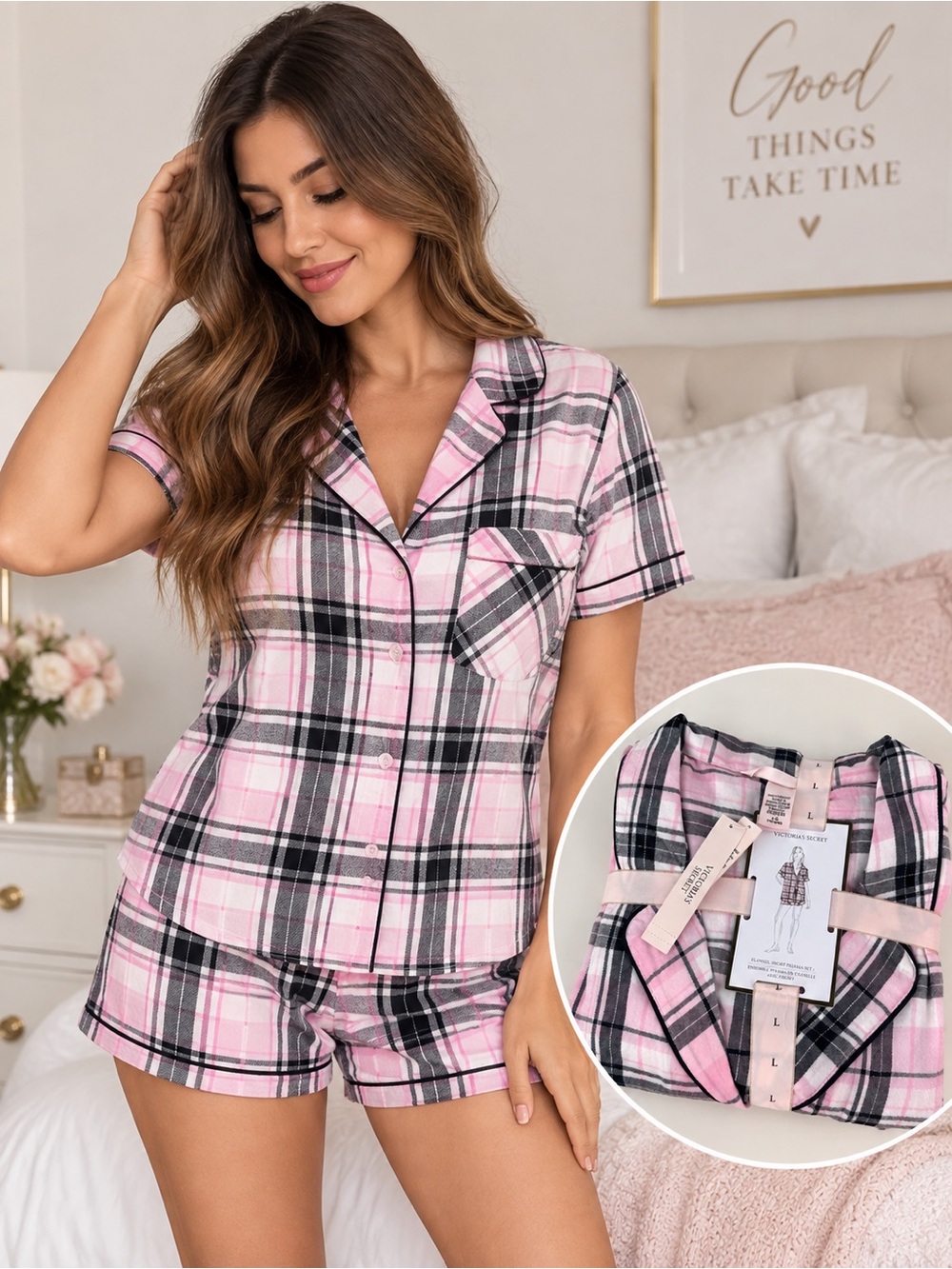 Victoria’s Secret Flannel Short Pajama Set Pink Plaid Size L